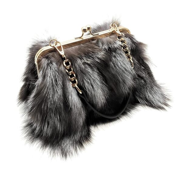 Generic Accessories - Natural Silver Fox Fur Purse – Dual Strap Shoulder Bag for Women